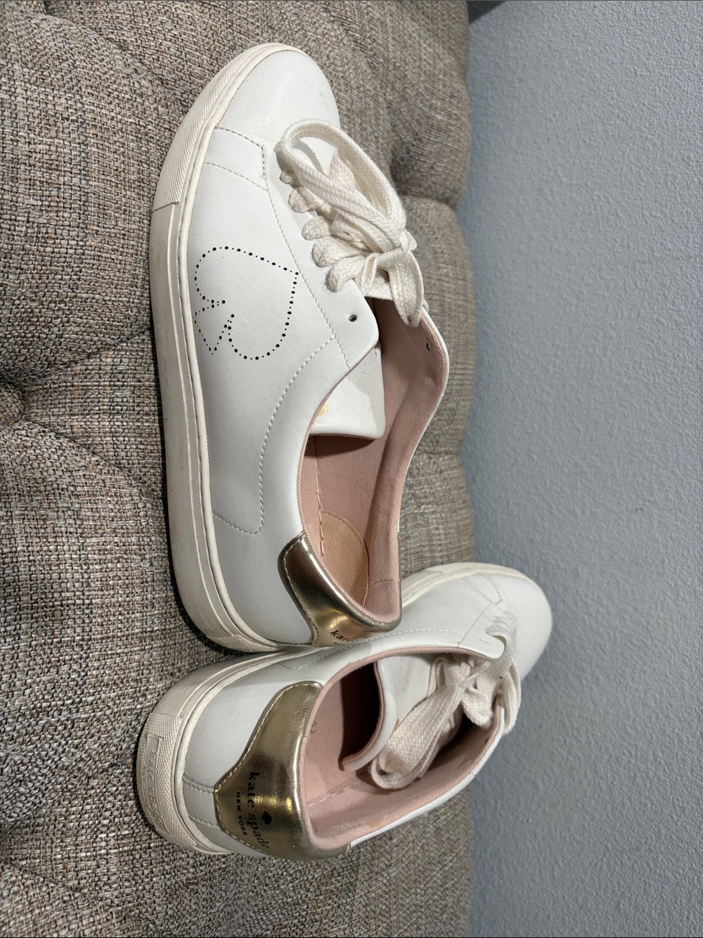 kate spade White Leather Sneakers with Gold Heel and Pink Lining